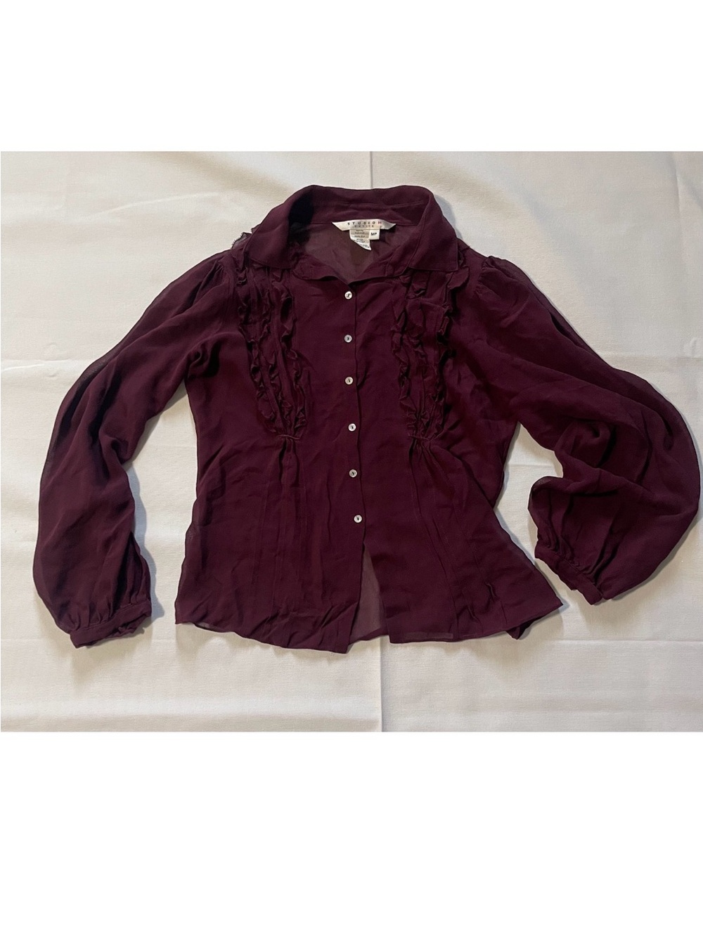 Vintage Studio M Plum 100% Silk Ruffled Button-Down Blouse
